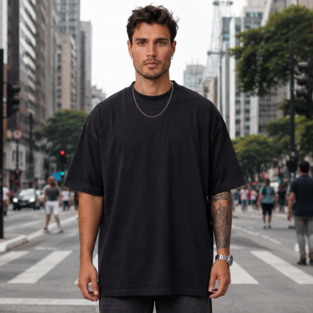 Camiseta Oversized Masculina 100% Algodão Premium Gola Canelada Treino Academia