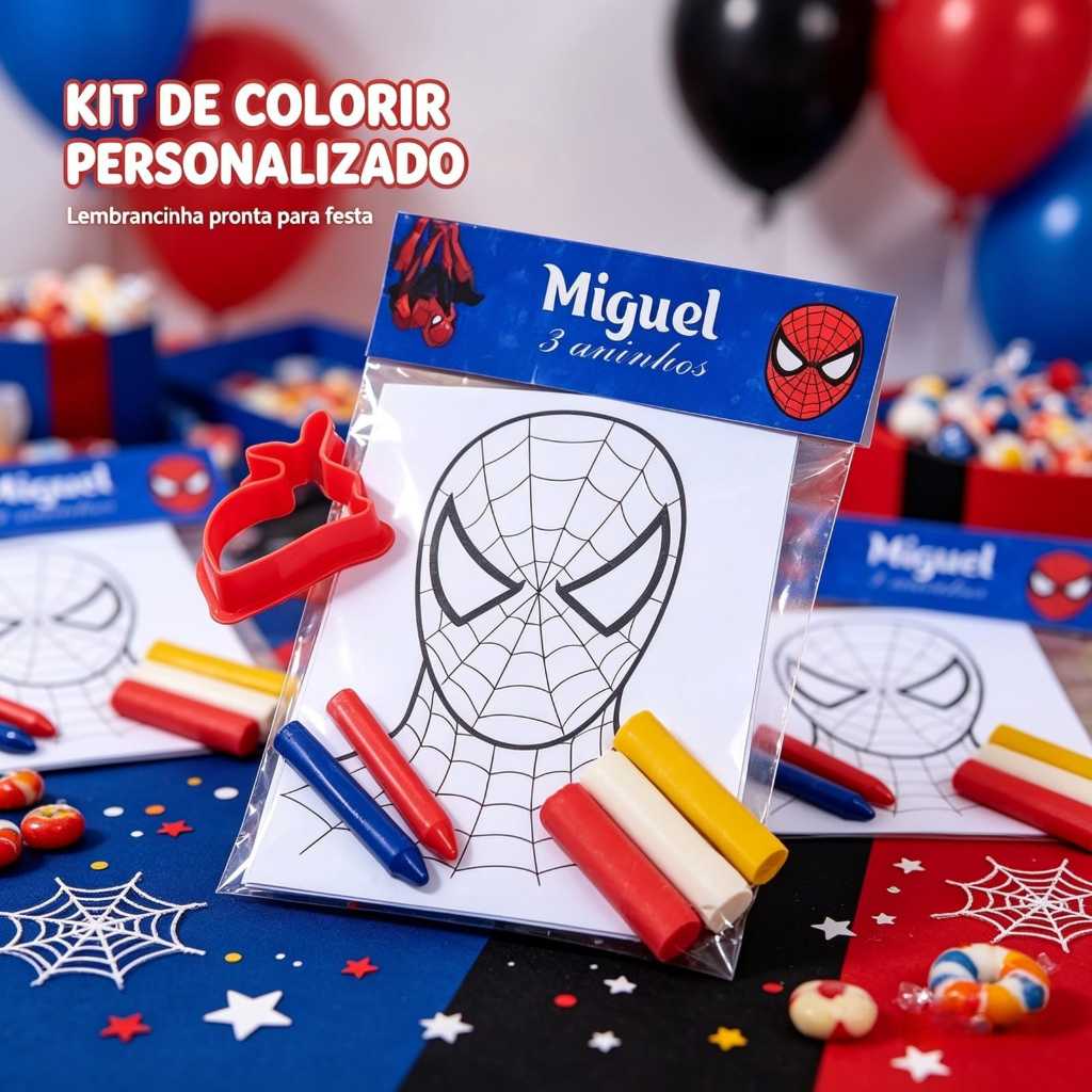 Kit Para Colorir Premium Homem Aranha Personalizado para Festa Infantil + Kit Massinha + Giz, Lembrancinha Criativa