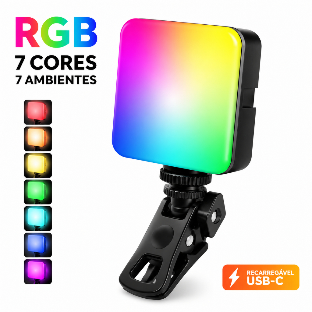 Iluminador LED Portátil RGB 7 Cores Luz de Preenchimento para Foto e Vídeo Profissional