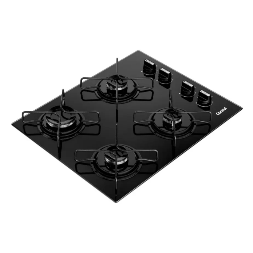 Cooktop á gás 4 bocas preto vidro temperado grades esmaltadas Consul