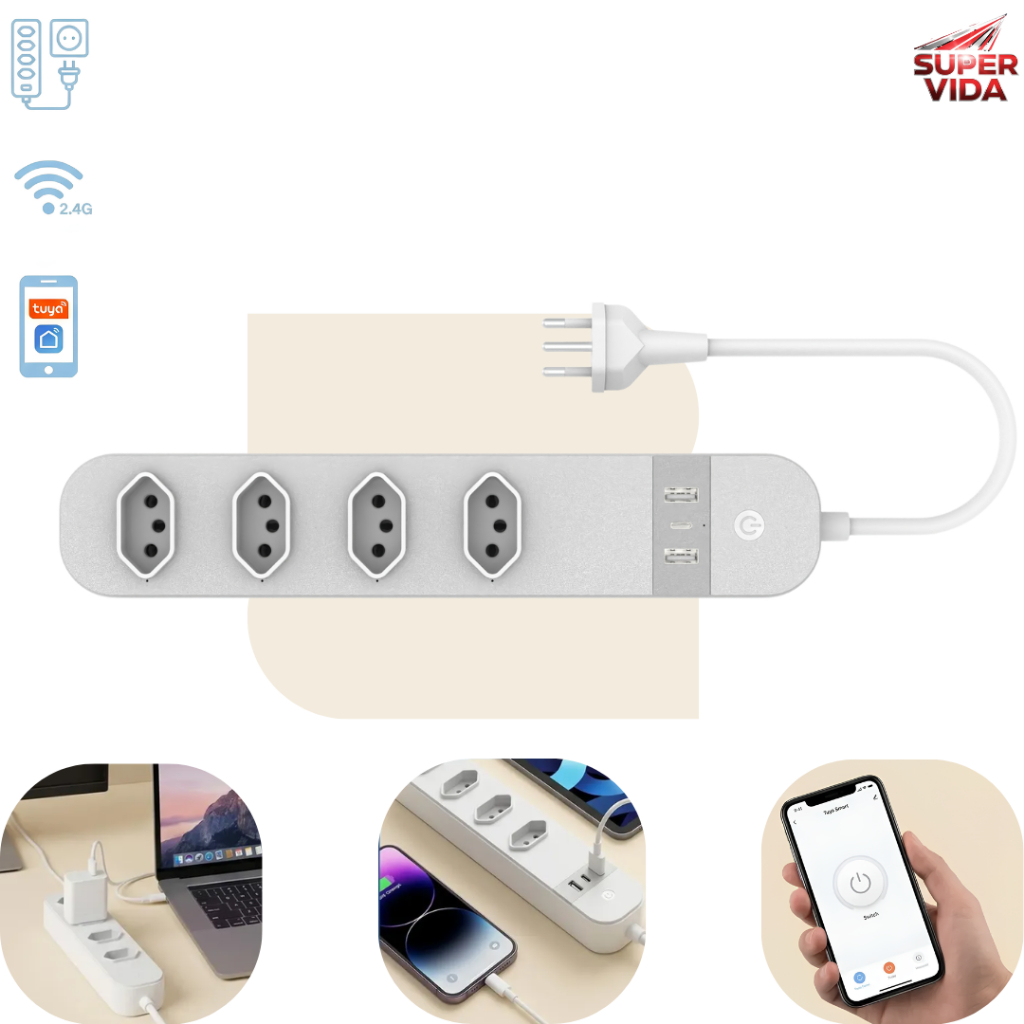 Régua de Tomadas Smart Filtro de Linha Proteção Sobrecarga Compatível Alexa Google e Timer USB-C 20W