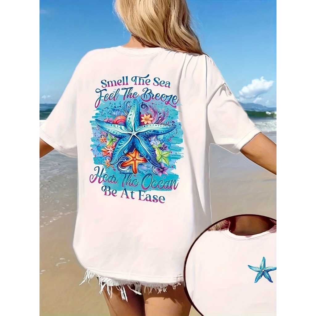 Camiseta Oversized Feminina Estampa Estrela do Mar Praia Verão Frase Smell The Sea Algodão Confortável Costas Estampa Du