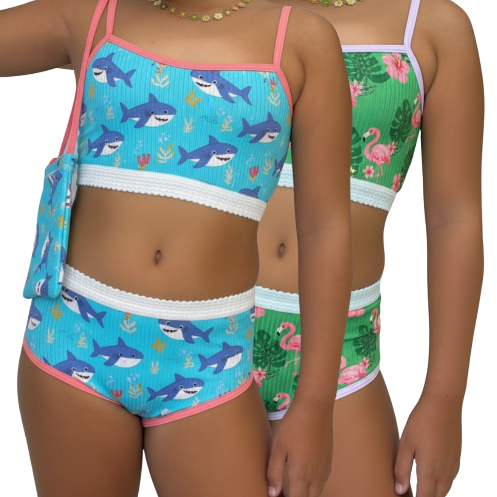 Conjunto Infantil Feminino Canelado com Bolsinha 6 a 12 Anos Top e Calcinha Confortáveis
