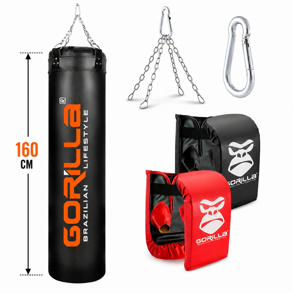 Kit Treino Saco De Pancada 160cm Profissional + 02 Pares De Luva Bate Saco Boxe Gorilla Luta