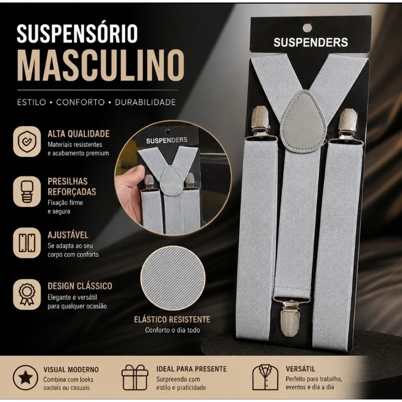 Suspensório Masculino Cinza 3,5cm Elegante Social Casamento Ajustável Adulto Premium
