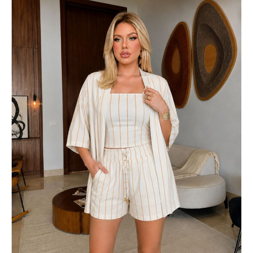 Conjunto Feminino 3 Peças Listrado Short Cropped e Kimono Moda Casual Elegante Verão Confortável