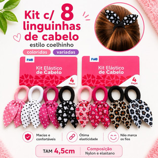 Kit 8 Linguinhas de Cabelo Coelhinho Elástico Infantil Feminino Cores Variadas Não Marca os Fios Nylon e Elastano 4,5cm