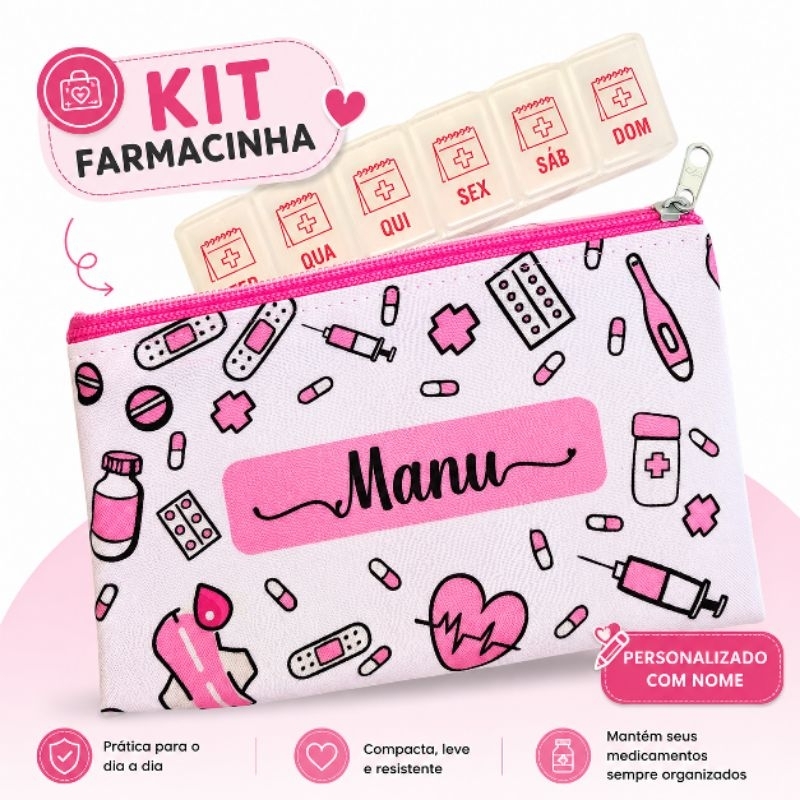 Kit Farmacinha personalizada com nome mais organizador de remédios.