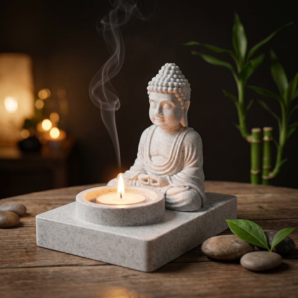 Imagem Buda Meditação Porta Vela e Incenso 9cm | Incensário Decoração Zen | Meditação Yoga Aromaterapia