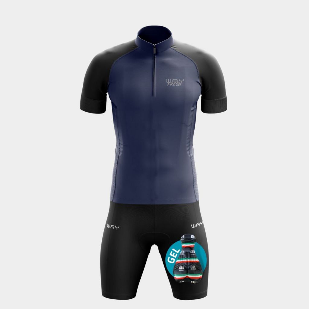 Conjunto Ciclismo Masculino Camisa Refrescante Azul Marinho e Bermuda Forro Gel Uv50 Mtb