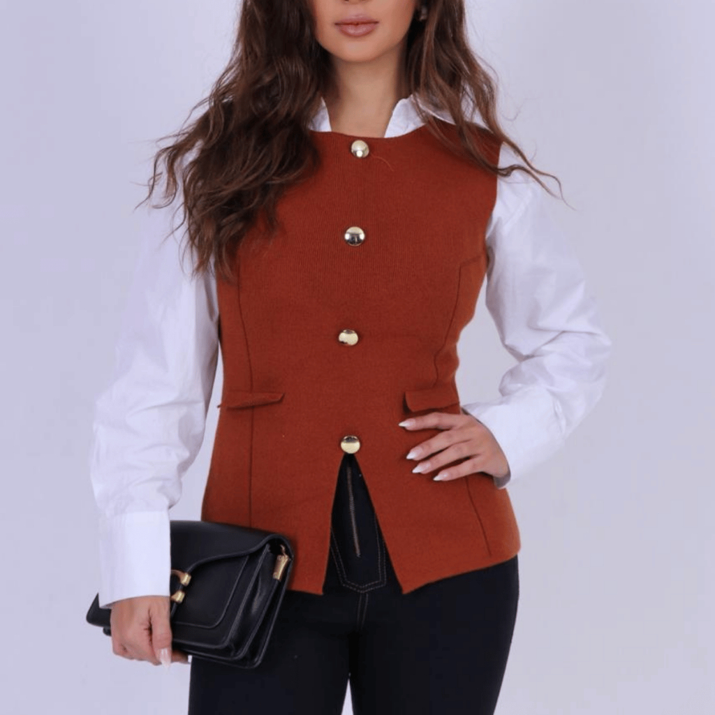 Colete Feminino Botão Elegante Casual Tricô Sem Manga Básico Bolso Fake Tricot Premium