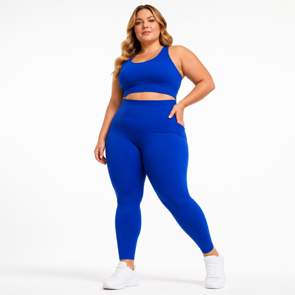 Conjunto de academia feminino plus size top e calça legging com bolsos fitness esportes caminhada treino