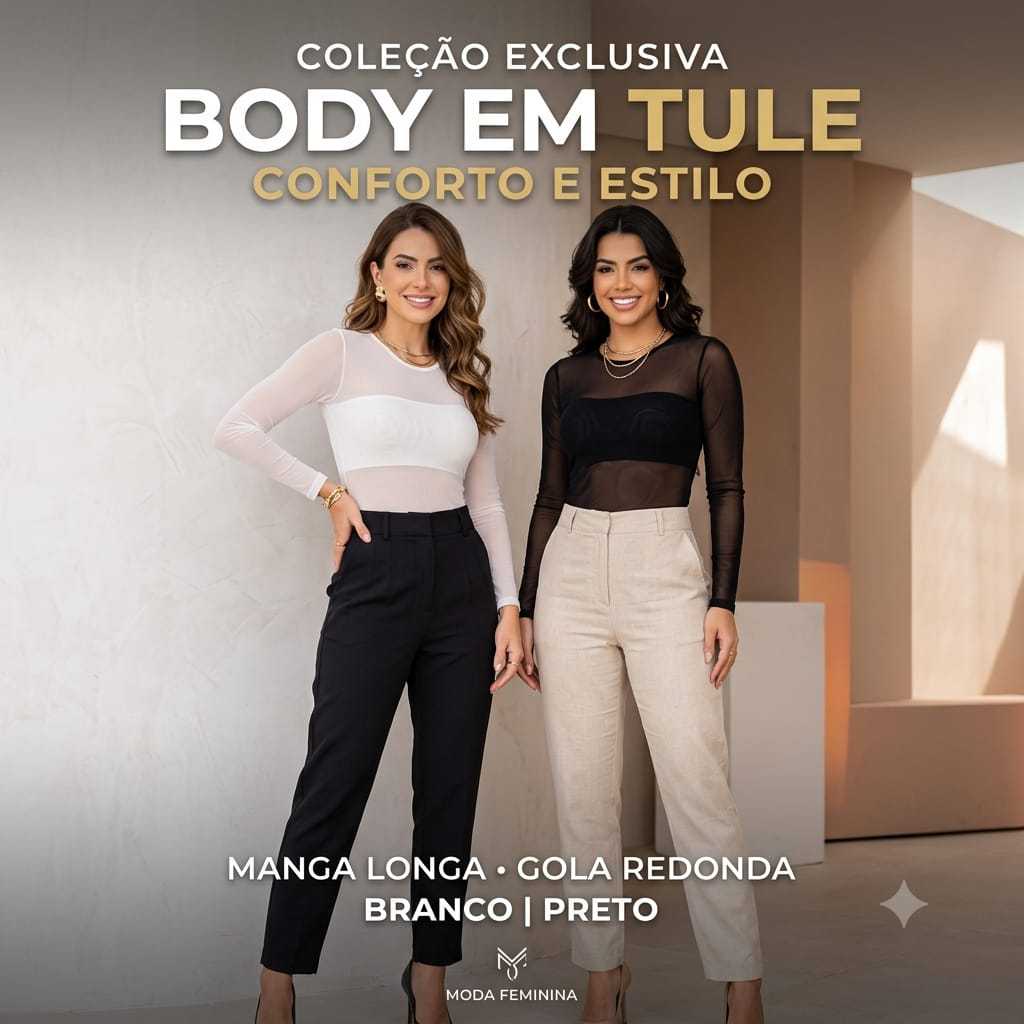 Body de Tule Manga Longa Transparente Bori de Tule Gola Redonda Kit 2 Peças Plus Size