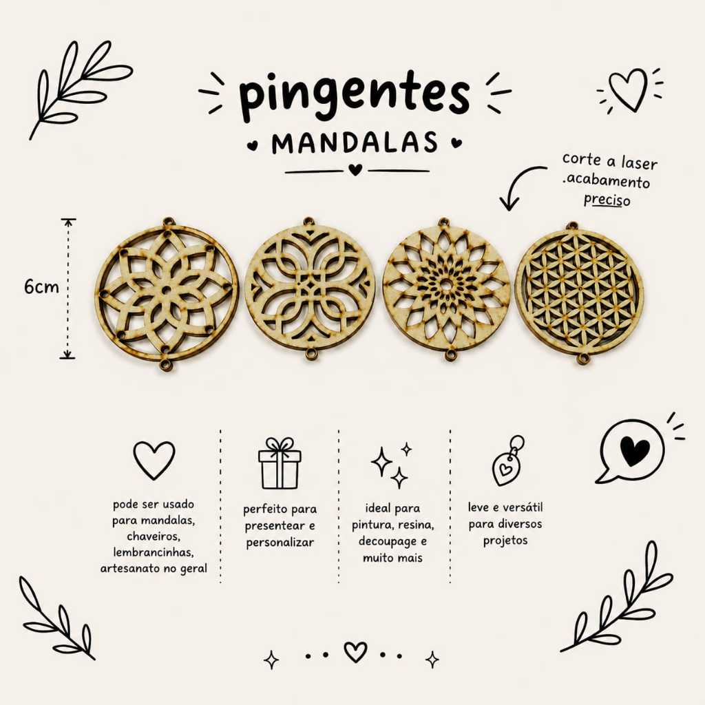 Kit Pingentes Tag Mandalas MDF 6cm  Artesanato, Chaveiros, Resina e Lembrancinhas | Corte a Laser