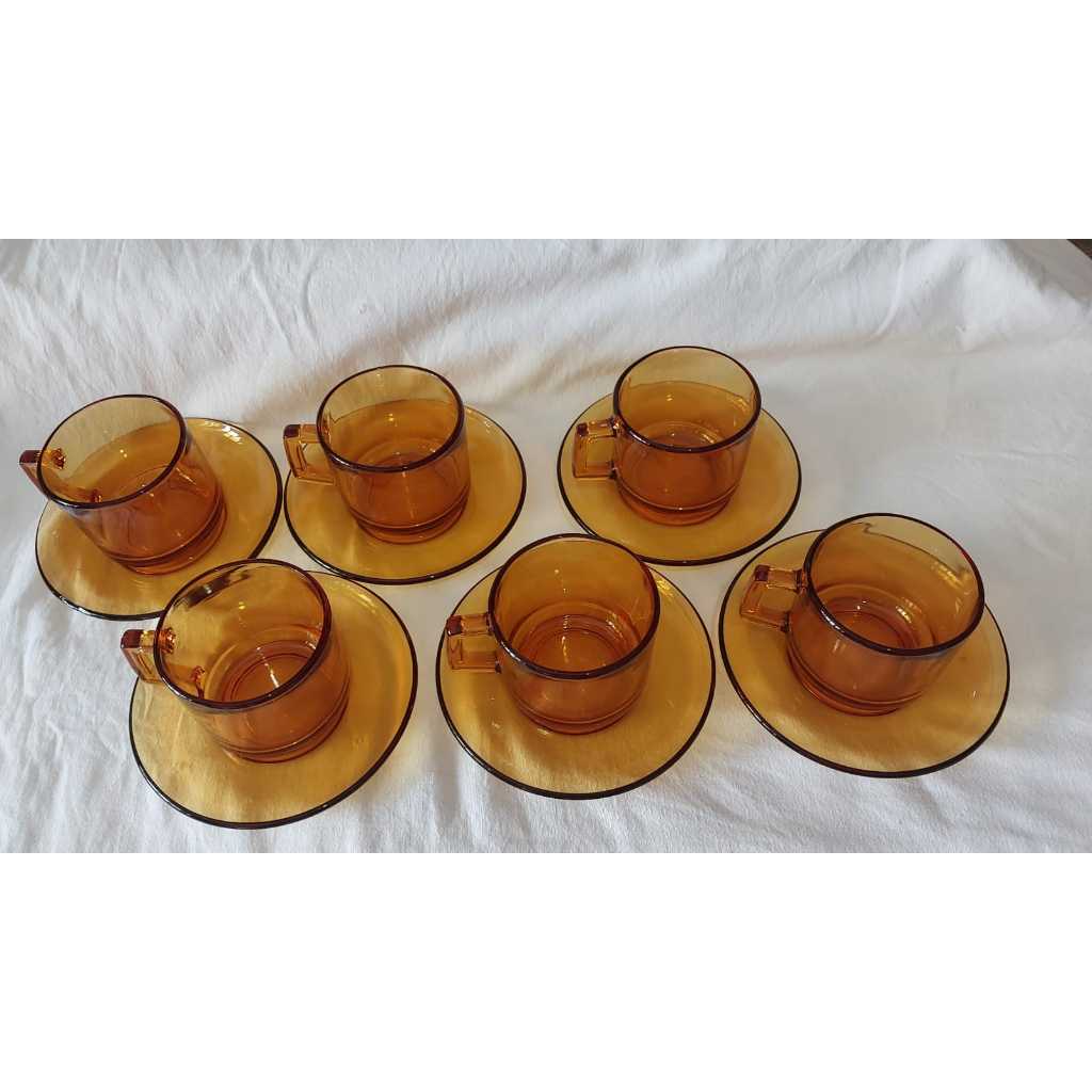 Conjunto de 6 xícaras com Pires em vidro Temperado Âmbar_ Vintage Duralex Francês