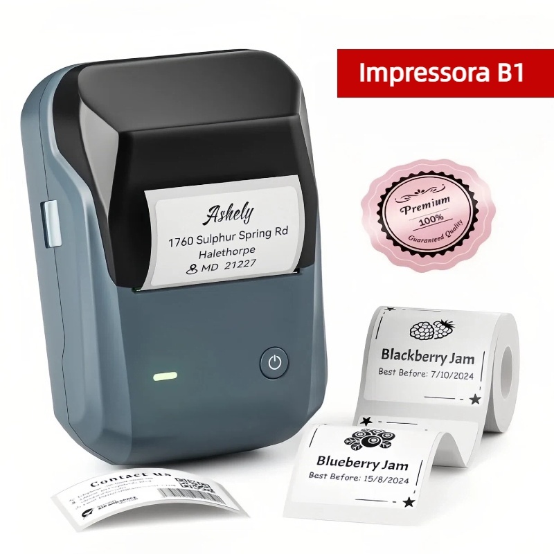 Impressora Térmica Bluetooth Portátil B1 com 1 Bobina de Etiqueta, Sem Tinta para Organização e Envios
