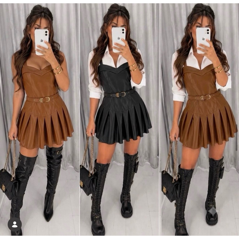Vestido Curto feminino Couro plissado Balada Festa Moda Inverno Ana Castela
