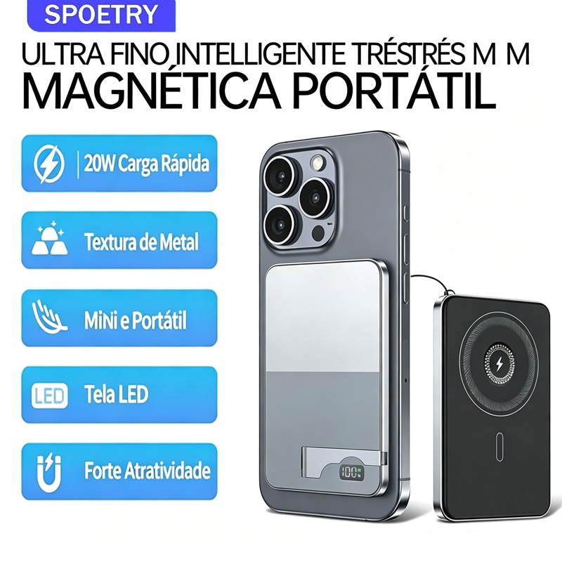 SPOETRY Carregador Portátil Magnético 10000mAh 3C 22.5W Recarga Rápida para Celular e Smartwatch