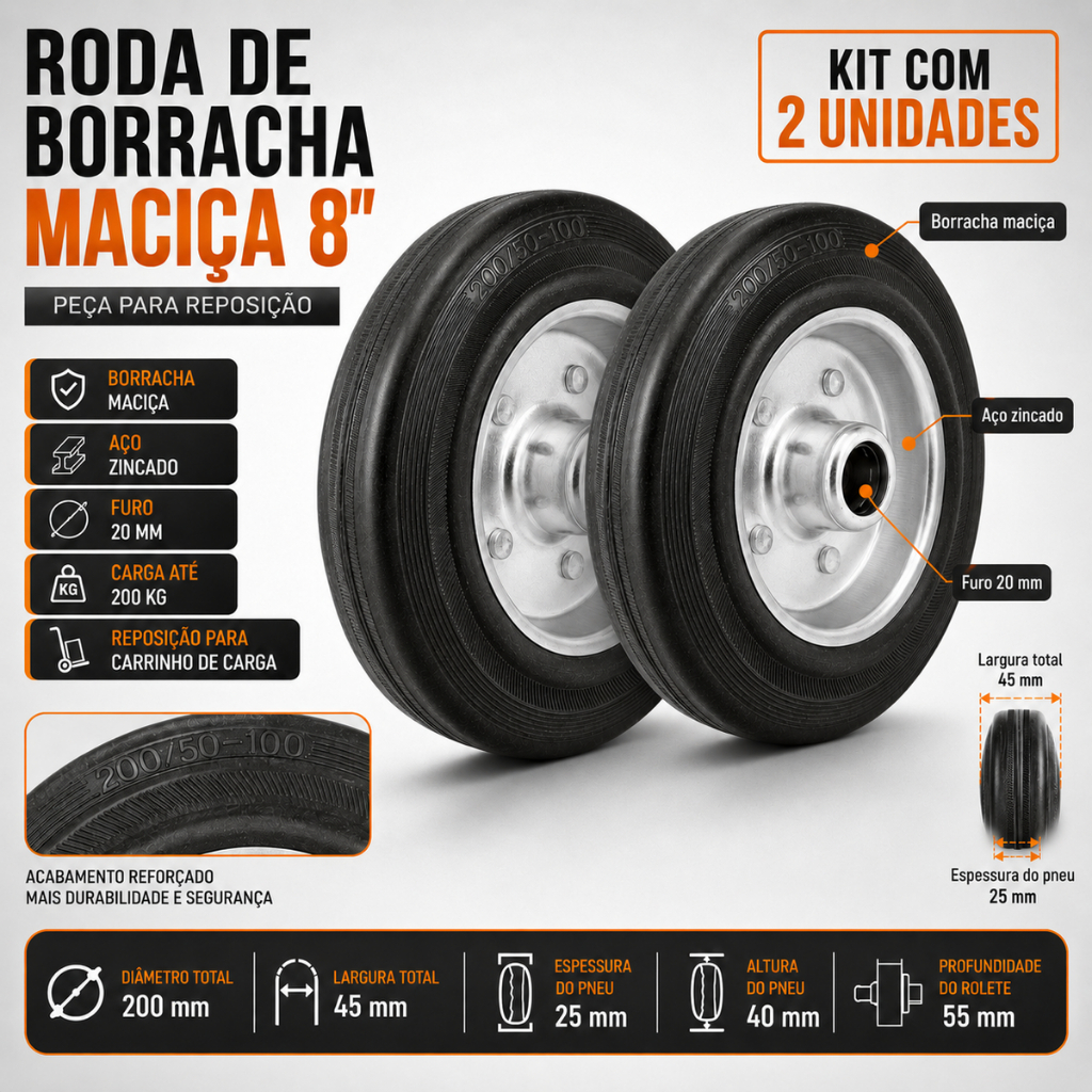 KIT 2 Rodas De Borracha Maciça 8"  Eixo de 20mm Rodizio Para Carrinho De Carga 200Kg