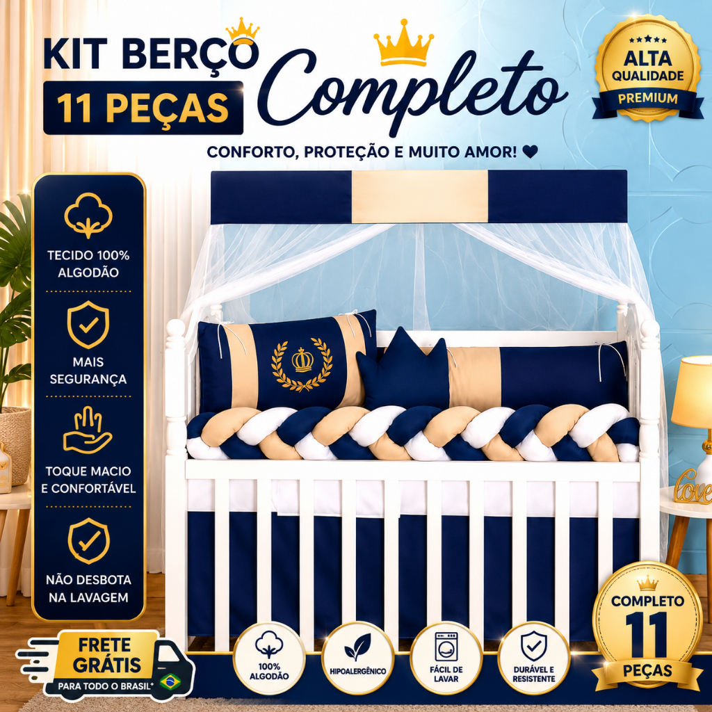 Kit Berço 11 Peças Menino Coroa Realeza Padrão Americano Completo com Mosquiteiro