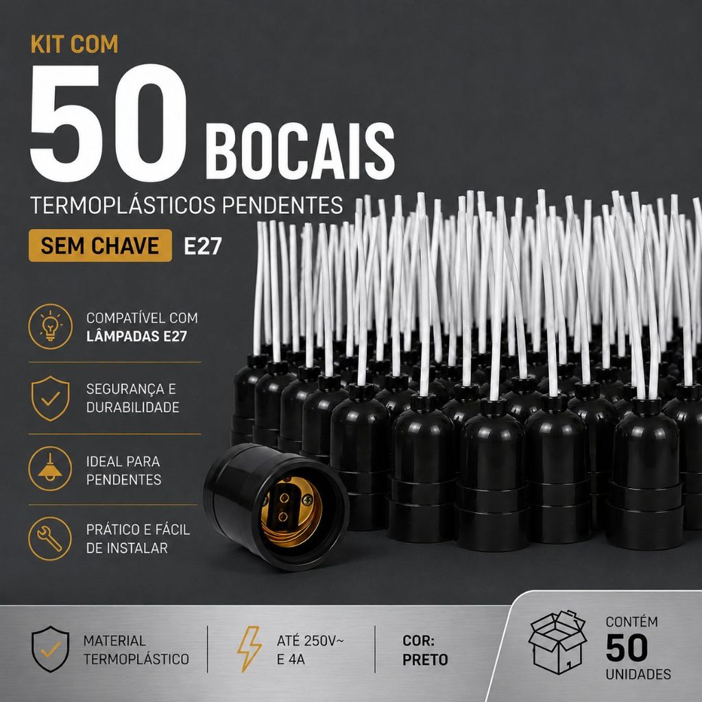 Kit c/ 50 Soquetes E27 Pendente Preto Termoplástico Sem Chave Para Lustres e Luminárias