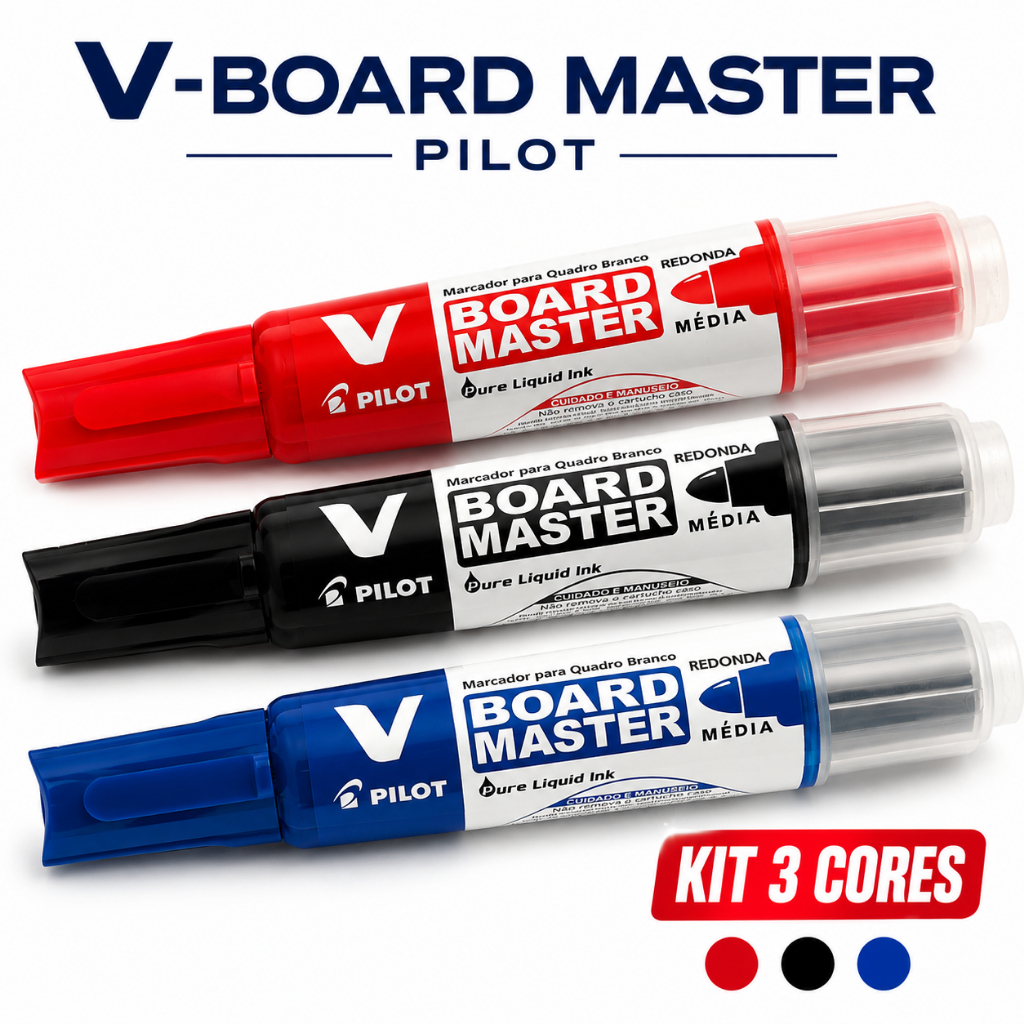 Kit 3 Pincel Marcador Quadro Branco V-Board Master Pilot Azul Preto Vermelho
