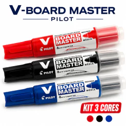Kit 3 Pincel Marcador Quadro Branco V-Board Master Pilot Azul Preto Vermelho