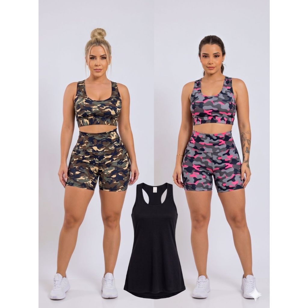 Roupa De Ginastica Feminino Academia 2 Conjuntos Com uma Regata Kit 3 peças Fitness Malhar Moda Feminina
