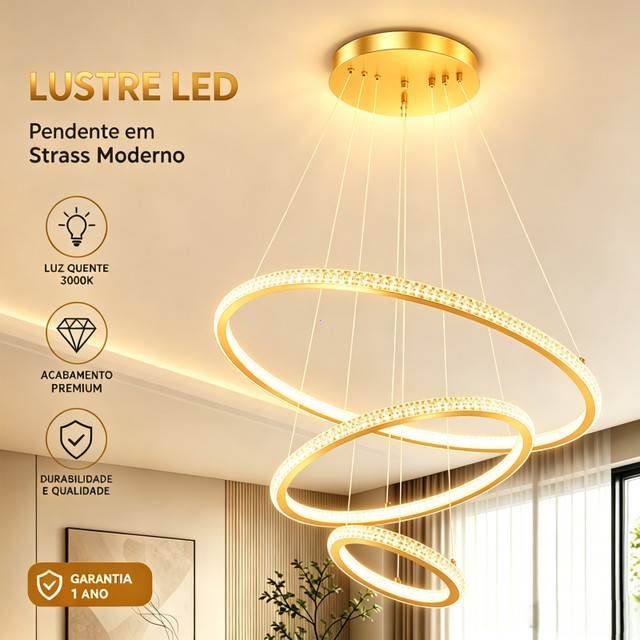 Luminária Pendente LED de Cristal Anular de Luxo - Bivolt Iluminação Tricolor Ideal para Sala de Estar e Quarto