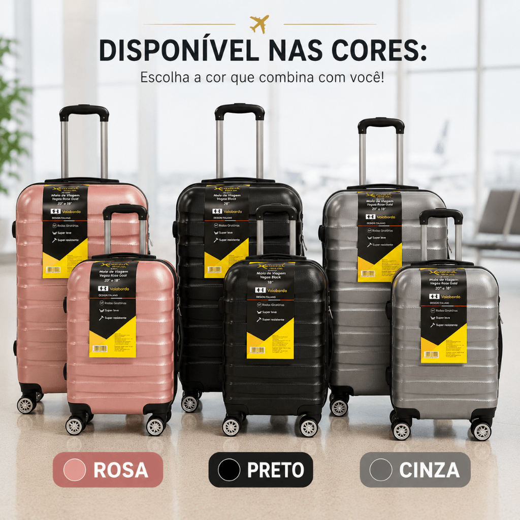 Kit 2 Malas de Viagem com Rodas 360° e Puxador Ajustável Cores Rosa Cinza ou Preto Bagagem Viajar