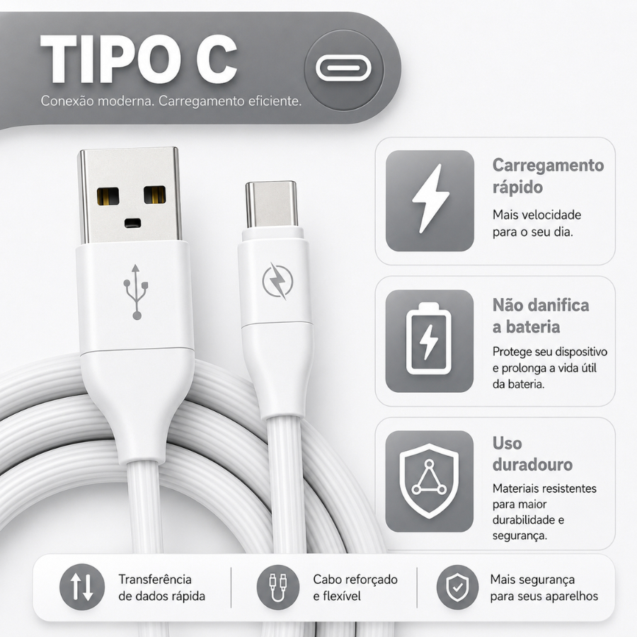 Cabo Carregador USB TIPO-C 2 Metros BRANCO Emborrachado Resistente Flexível Celular Tablet Notebook
