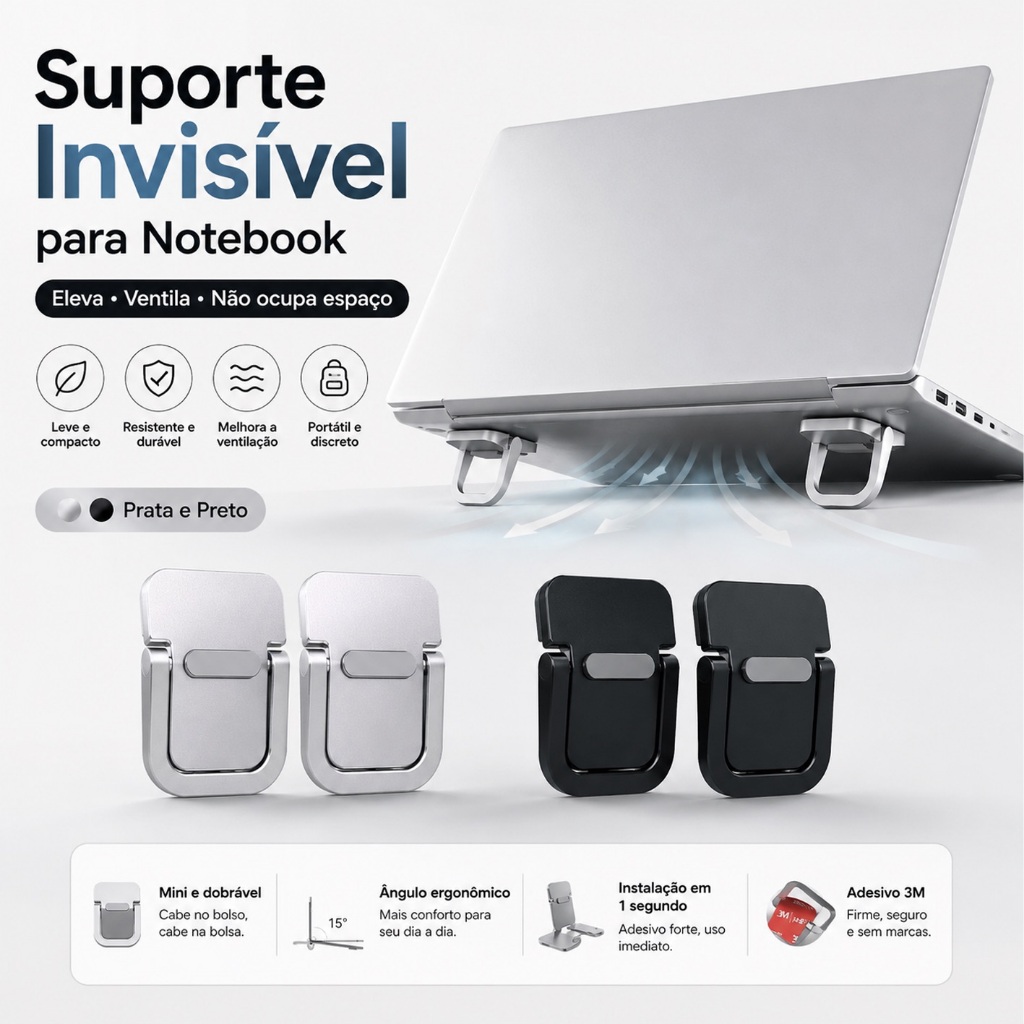 【SuporteTop】Kit 2 Suportes Invisíveis Dobráveis para Notebook Celular Tablet ergonômico dissipação calor ajustável