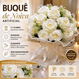Buquê De Noiva Civil Flores Artificiais Com 11 Rosas Brancas Ideal Para Decoração De Casamento