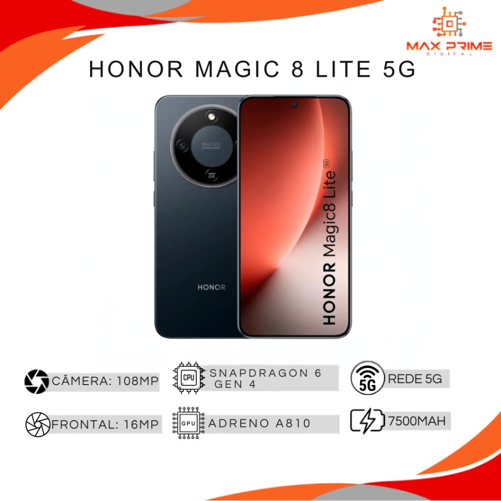 Honor Magic 8 Lite 5G, Versão Global 512GB e 8GB RAM, Processador Snapdragon Snapdragon 6 Gen 4, Bateria 7500mAH