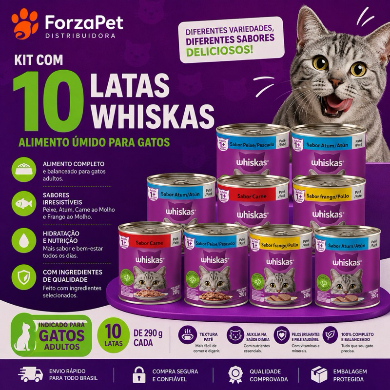 Kit 10 Latas Whiskas Adulto Patê 290g Sabores Sortidos | Alimento Úmido para Gatos