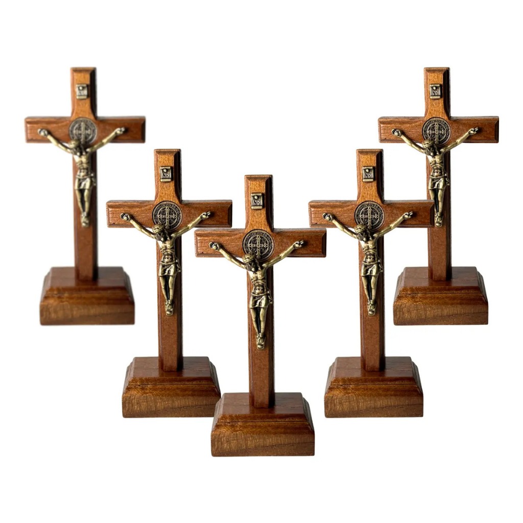 Kit 5 Crucifixo Cruz Madeira 11cm Jacarandá Cristo Bronze