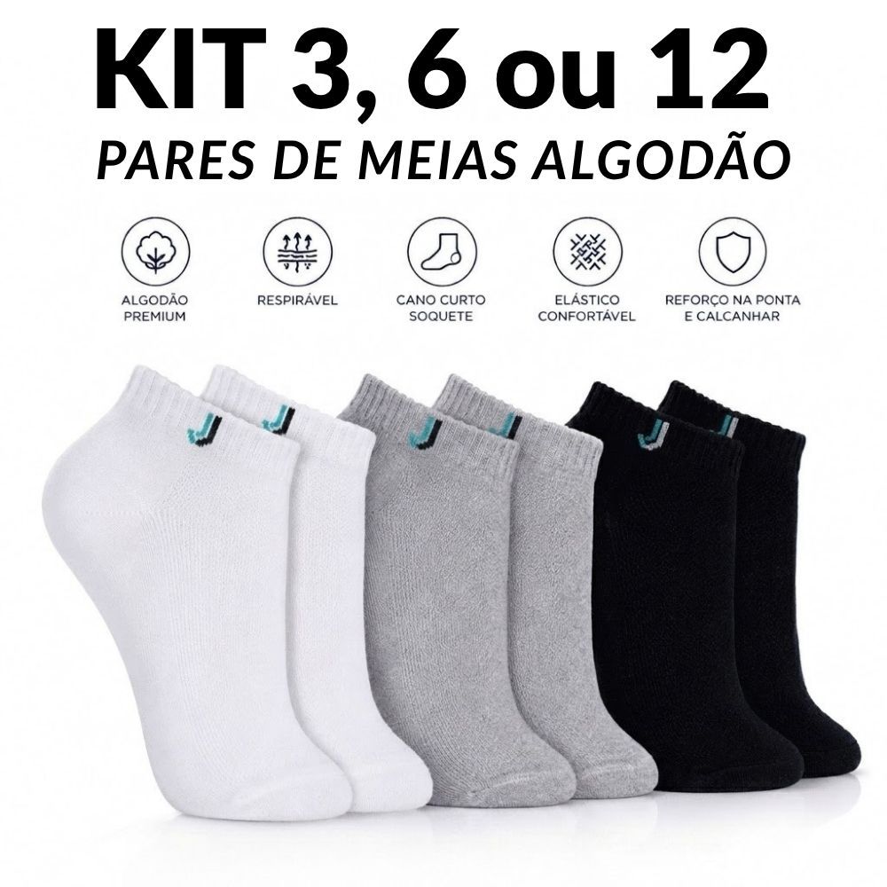 Kit Econômico 3, 6 ou 12 Pares Meia Soquete 100% Algodão
