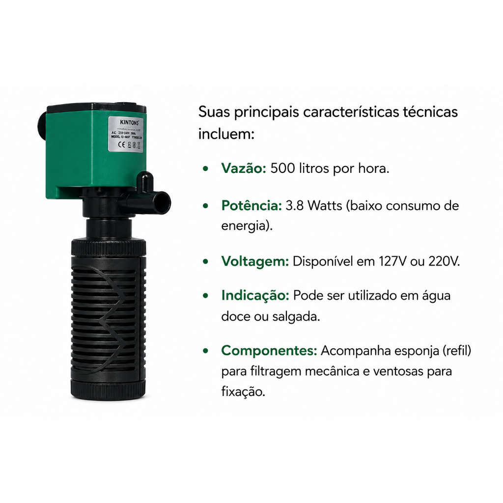 Detalhes do FILTRO INTERNO COM BOMBA SUBMERSA PARA AQUÁRIO IQ 960F  KINTONS- 500L/H 3.8W - PARA AQUÁRIO ATÉ 100L