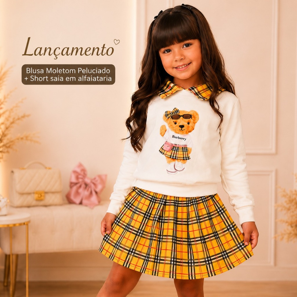 Conjunto Infantil Menina Ursinha Xadrez Quentinho Moletom Flanelado + Short Saia
