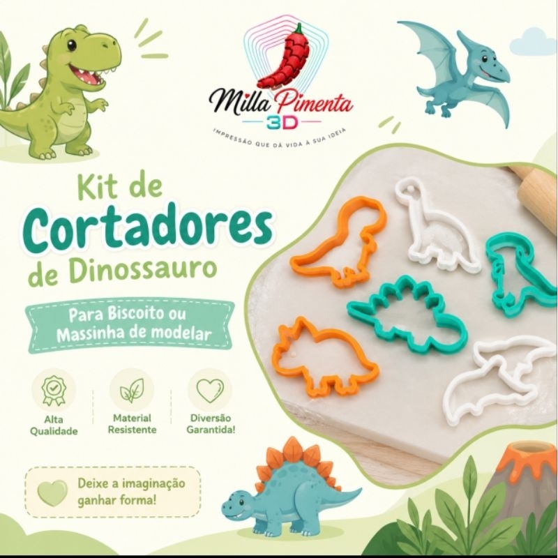 Kit Cortadores de Dinossauro para Biscoito, Massinha e Biscuit | Impressão 3D | 6 Modelos