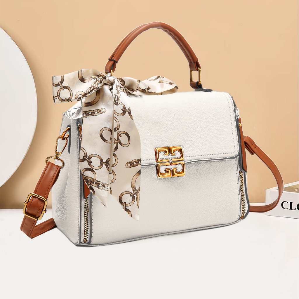 Bolsa Feminina Luxo Transversal Couro PU Premium com Lenço Elegante Bolsa de Ombro Compartimentos Alça Ajustáve 21462
