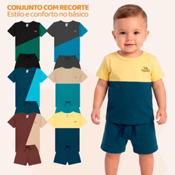 Kit 3 ou 2 Conjuntos Bebê Menino com Recorte Diagonal Camisa e Bermuda Design Moderno Estilo Casual