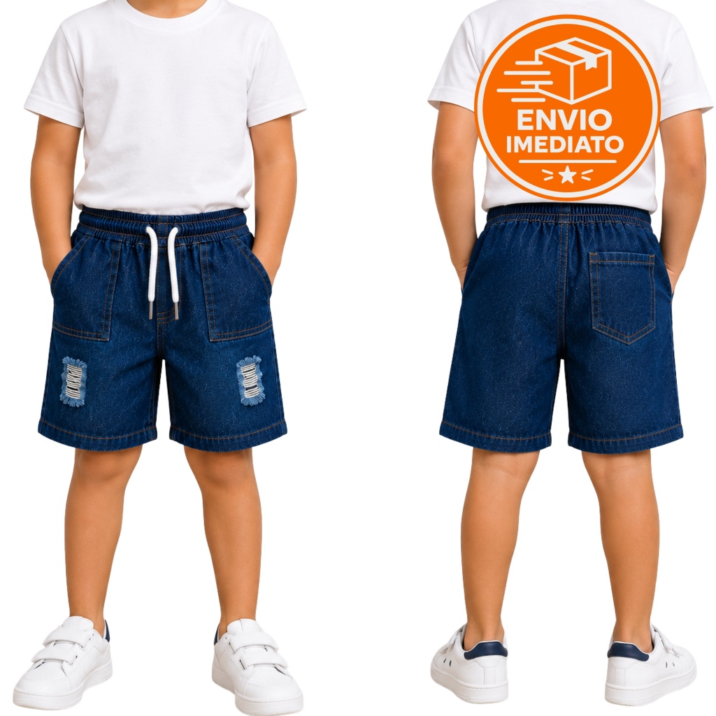 Bermuda Jeans Infantil Masculina com Elastano Rasgada Premium Juvenil Shorts infantil Menino Jeans