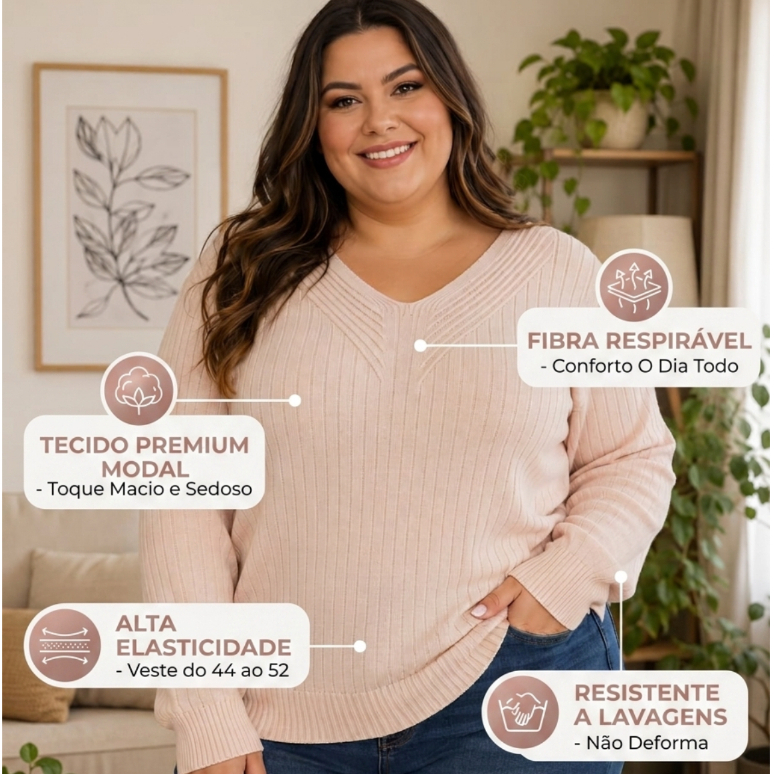 Blusa Feminina Plus Size Modal Premium G1 G2 Veste do 44 ao 52 Tricot Canelado Manga Longa Elegante — imagem 2 de 2