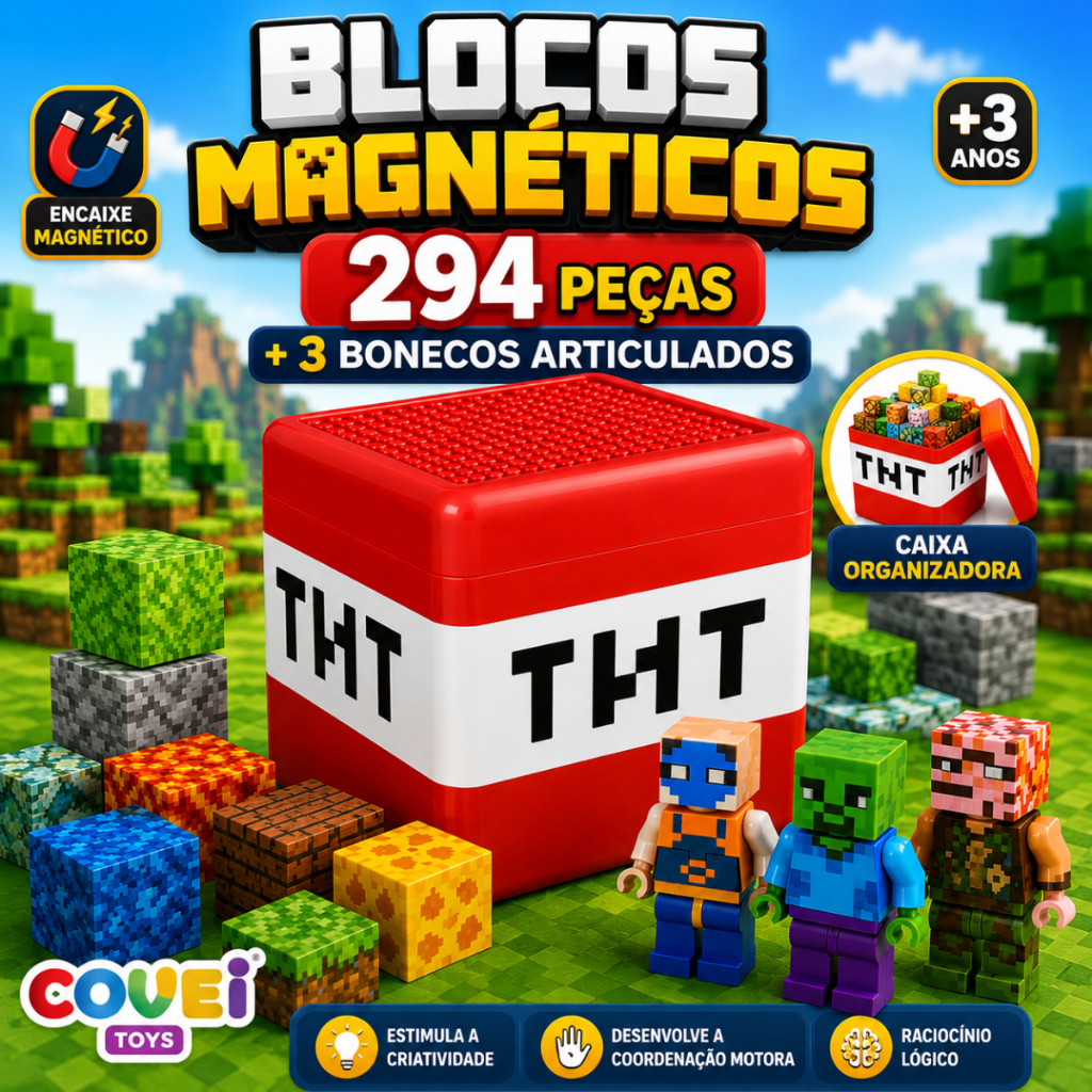 Bloco Magnético Educativo Infantil Na Caixa TNT 294 Peças Brinquedo Interativo Blocos de Montar