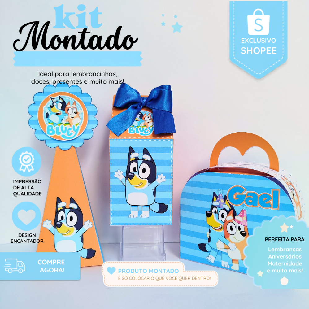 Kit Lembrancinhas Bluey Personalizadas | Caixa Milk, Pirâmide e Bolsinha |Festa Infantil Menino, Festa Bluey Aniversário