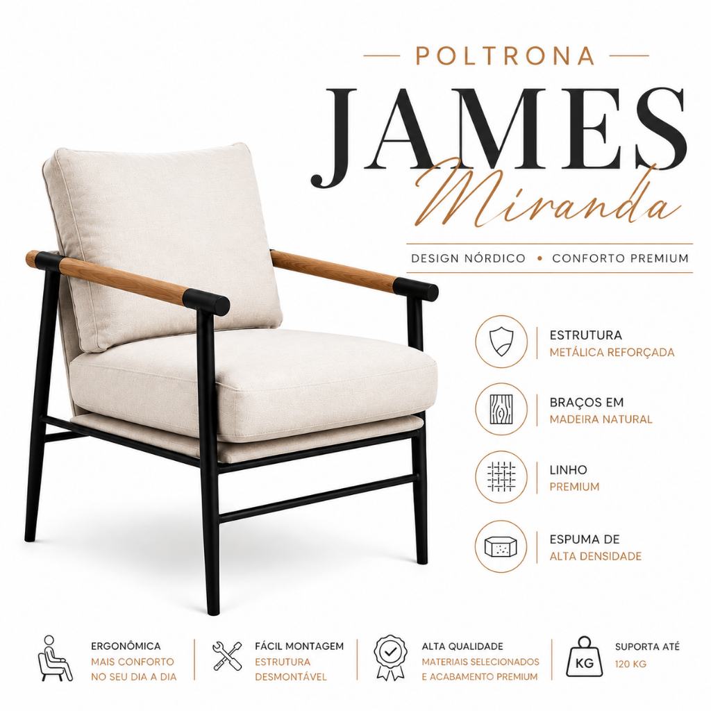 Poltrona James Nórdica Miranda em Ferro e apoios de braço em madeira, Almofadas em Tecido Linho Cru