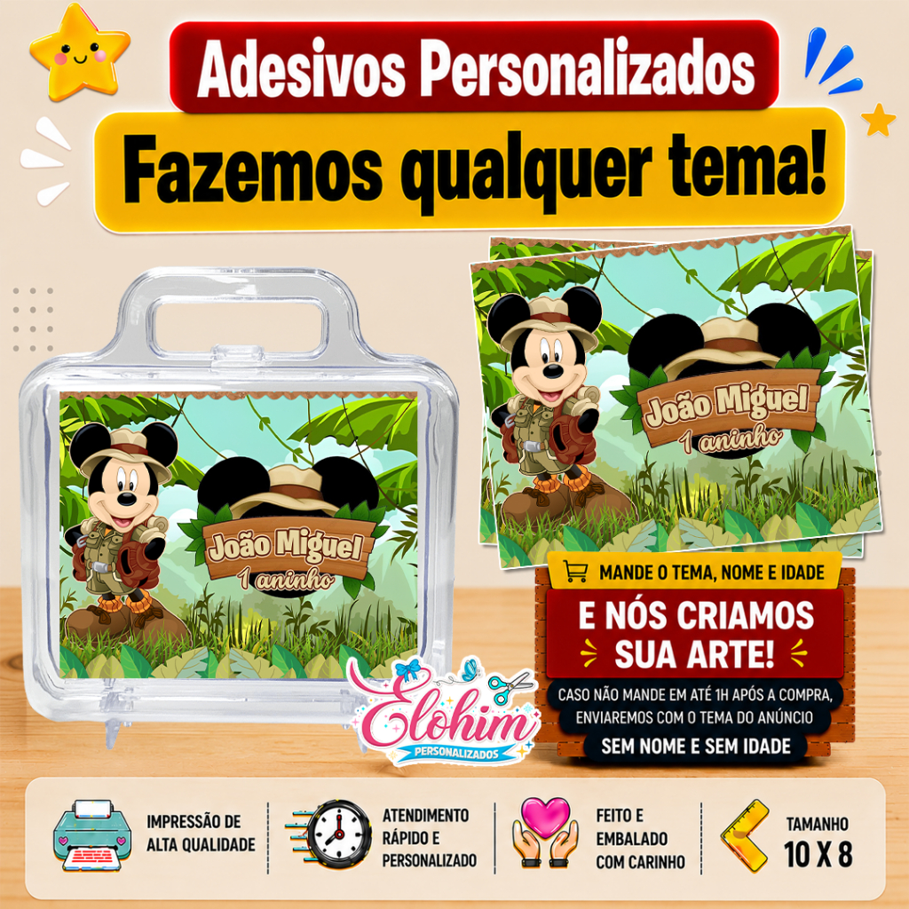 Rótulo Adesivo para personalizar Maletinha de acrílico Tamanho do adesivo 10x8 - Mickey safari