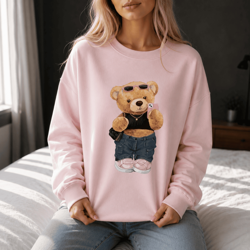 Moletom Gola Careca Feminino Oversized Ursinho Estampado Rosa Bebê Flanelado Casual Inverno Confortável Moda Streetwear