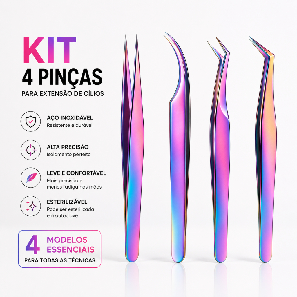 Kit 4 Pinças Profissionais para Extensão e Alongamento de Cílios Volume Russo, Tufo, Fio a Fio